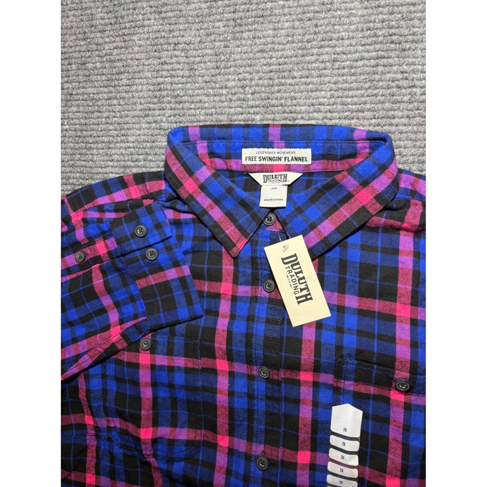 Duluth Trading Co Free Swingin Flannel Shirt Womens 2X Blue Pink Plaid 74760 NEW